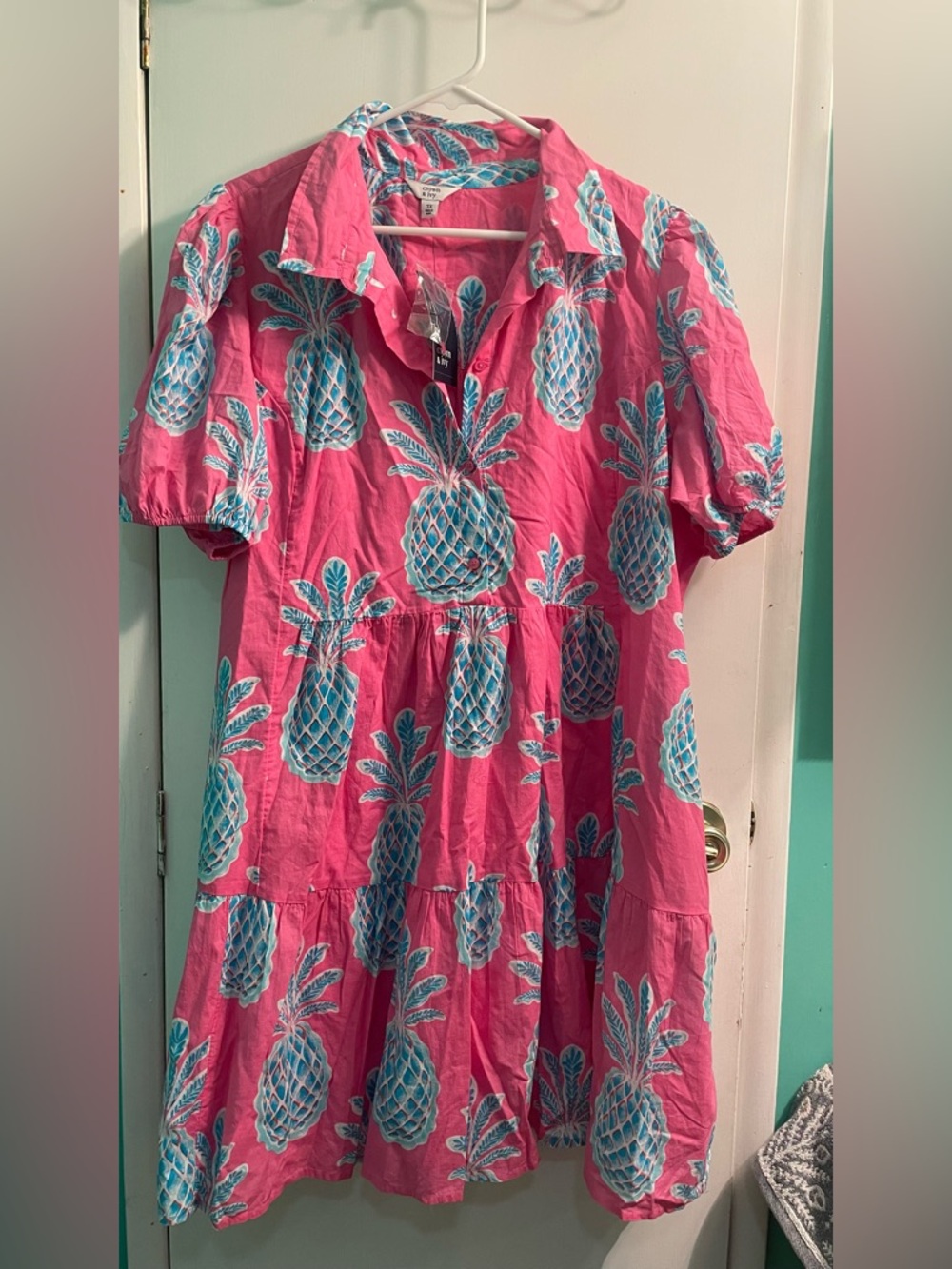 Crown & Ivy Pink Pineapple Print Tiered Shirt Dress 3X NWT